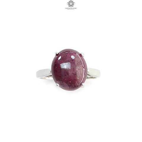 Star Ruby Silver Ring: 4.45gms Natural Untreated Star Ruby Oval Shape Cabochon 925 Sterling Silver Prong Set 8 US Ring | July Birthstone