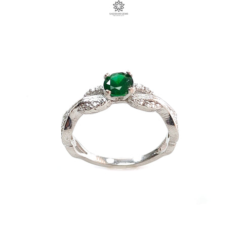 Emerald Faceted Silver Cz Ring: 2.19gms Natural Untreated Emerald Round Faceted Cut 925 Sterling Silver Prong Set Ring 6.5 US