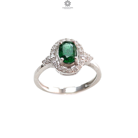 Emerald Faceted Silver Cz Ring: 2.59gms Natural Untreated Emerald Oval Faceted Cut 925 Sterling Silver Prong Set Ring 7 US