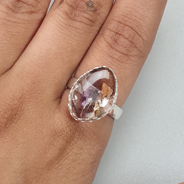 Amethyst Plain Silver Ring: 5.31gms Natural Untreated Super Seven Amethyst Fancy Shape Plain 925 Sterling Silver Bezel Set Adjustable Ring