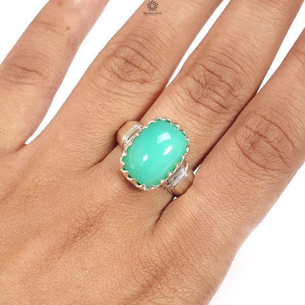 Green Chrysoprase Cabochon Silver Ring: 6.37gms Natural Untreated Chrysoprase Cushion Shape Plain 925 Sterling Silver Bezel Set Ring 7.5 US