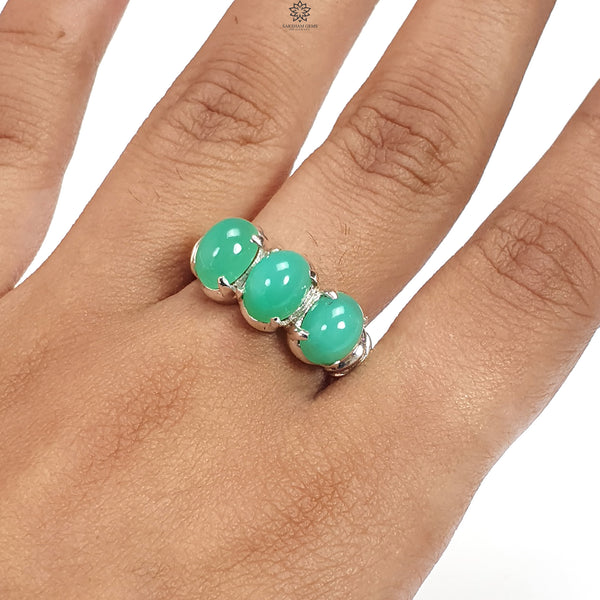 Green Chrysoprase Cabochon Silver Ring: 5.22gms Natural Untreated Chrysoprase Oval Shape Plain 925 Sterling Silver Prong Set Ring 8 US