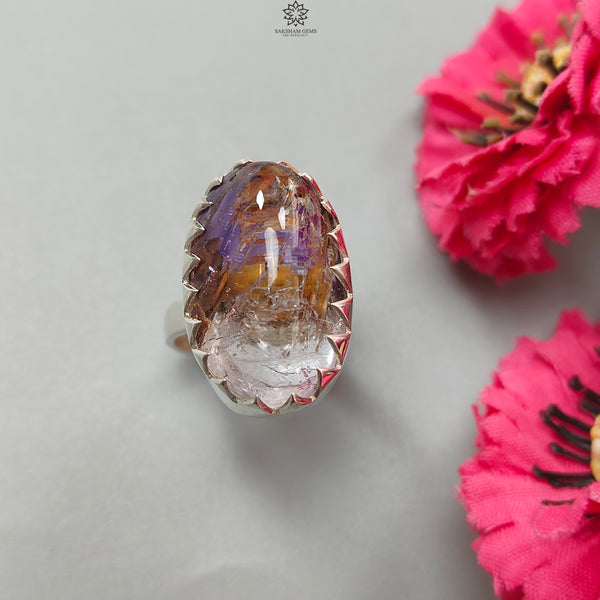 Amethyst Plain Silver Ring: 11.05gms Natural Untreated Super Seven Amethyst Oval Shape Plain 925 Sterling Silver Bezel Set Adjustable Ring