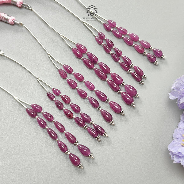 Purple Ruby Teardrop Loose Beads: 17.30Cts Natural Untreated Ruby Gemstone 925 Sterling Silver 2" 7mm - 8mm Plain Beads