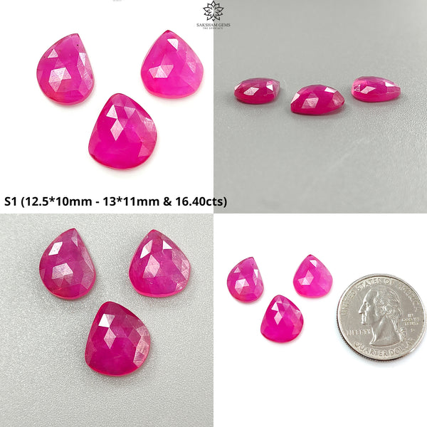 Pink Ruby Gemstone Rose Cut Slices: Natural Glass Filled Ruby Fancy Shape Faceted 3pcs Set For Jewelry