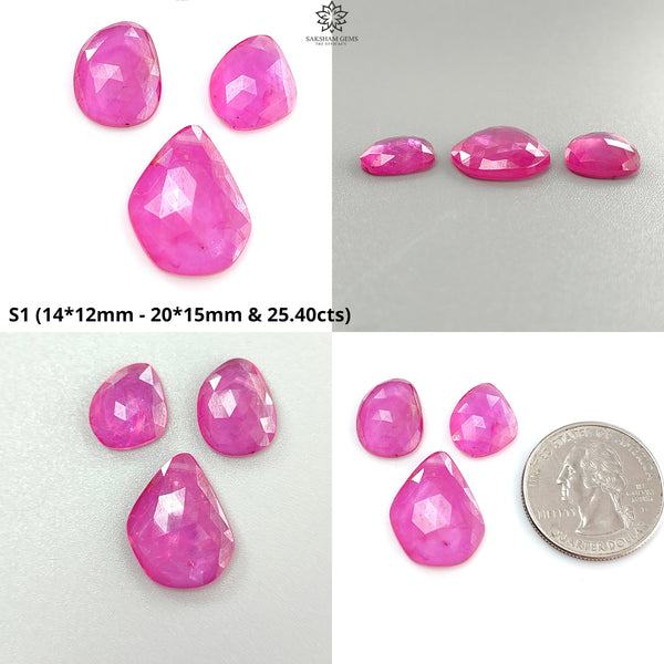 Pink Ruby Gemstone Rose Cut Slices: Natural Glass Filled Ruby Fancy Shape Faceted 3pcs Set For Jewelry