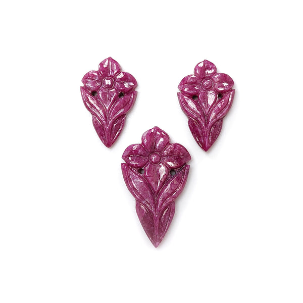 Ruby Gemstone Carving : 39.50cts Natural Untreated Unheated Red Ruby Hand Carved Pear Shape 23*14mm - 30*17mm 3pc Set For Jewelry