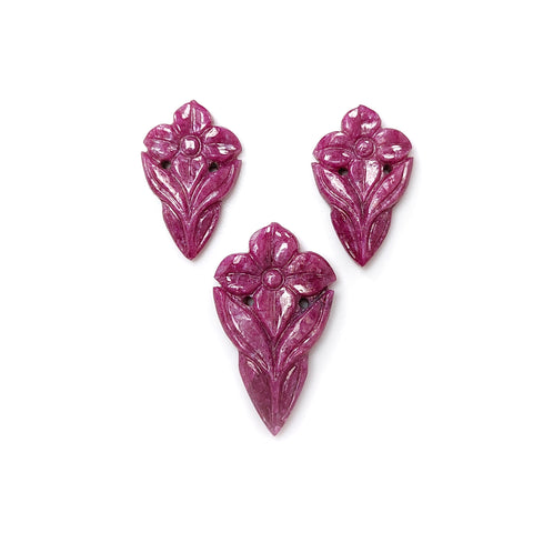 Ruby Gemstone Carving : 39.50cts Natural Untreated Unheated Red Ruby Hand Carved Pear Shape 18*13mm - 21*16mm 3pc Set For Jewelry