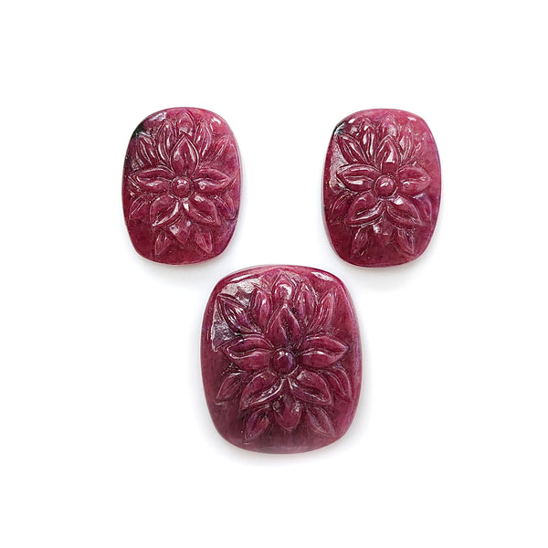 Ruby Gemstone Carving : 42.40cts Natural Untreated Unheated Red Ruby Hand Carved Cushion Shape 18*13mm - 21*19mm 3pc Set For Jewelry