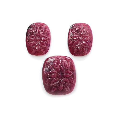 Ruby Gemstone Carving : 42.40cts Natural Untreated Unheated Red Ruby Hand Carved Cushion Shape 23*14mm - 30*17mm 3pc Set For Jewelry