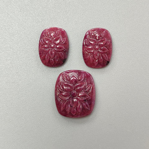 Ruby Gemstone Carving : 42.40cts Natural Untreated Unheated Red Ruby Hand Carved Cushion Shape 23*14mm - 30*17mm 3pc Set For Jewelry