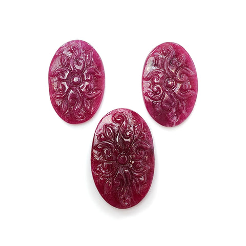 Ruby Gemstone Carving : 49.60cts Natural Untreated Unheated Red Ruby Hand Carved Oval Shape 24*16mm -29*18mm 3pc Set For Jewelry