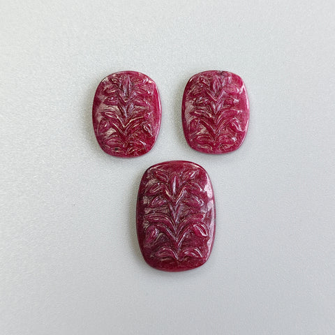 Ruby Gemstone Carving : 52.10cts Natural Untreated Unheated Red Ruby Hand Carved Cushion Shape 20*16mm - 26.5*19mm 3pc Set For Jewelry