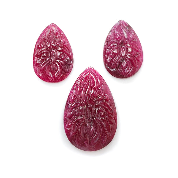 Ruby Gemstone Carving : 53.10cts Natural Untreated Unheated Red Ruby Hand Carved Pear Shape 23*16mm- 33*21mm 3pc Set For Jewelry