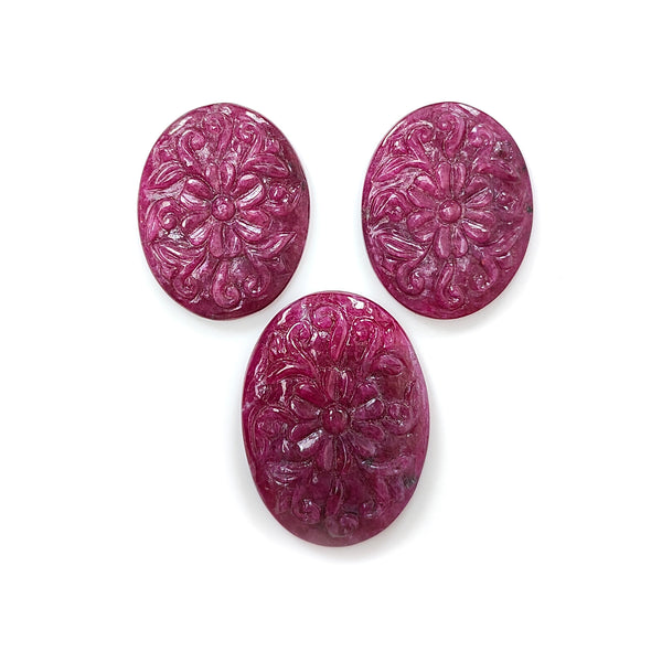 Ruby Gemstone Carving : 81.60cts Natural Untreated Unheated Red Ruby Hand Carved Oval Shape 26*21mm - 31*23mm 3pc Set For Jewelry