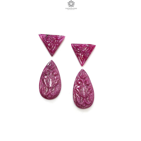 Ruby Trillion Pear Carving : 31.70cts Natural Untreated Unheated Red Ruby Hand Carved Shape 13*14mm 4pcs Set