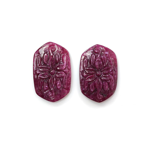 Ruby Gemstone Carving : 50.90cts Natural Untreated Unheated Red Ruby Hand Carved Hexagon Shape 20*27mm Pair For Jewelry
