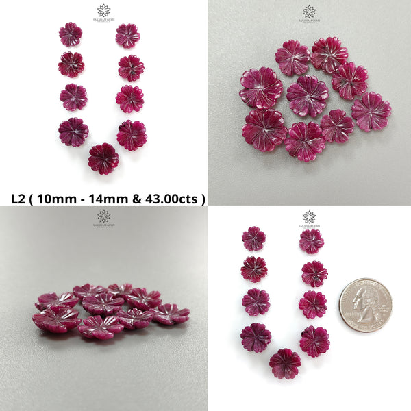 Ruby Flower Carving : Natural Untreated Unheated Ruby Hand Carved Flower Shape 9pcs Lot