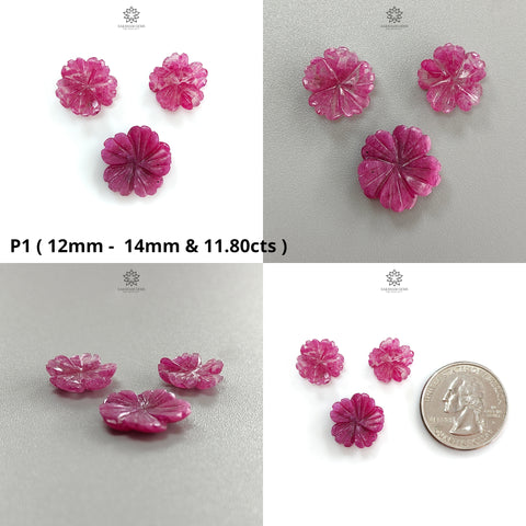Ruby Flower Carving : Natural Untreated Unheated Ruby Hand Carved Flower Shape 3pcs Set