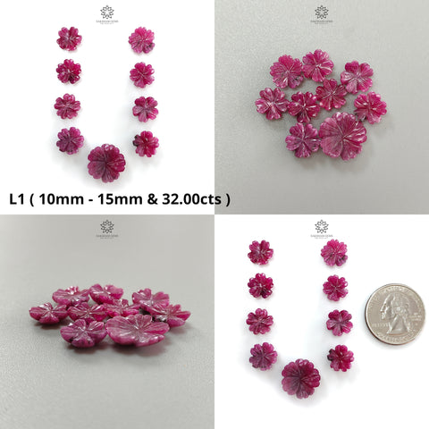 Ruby Flower Carving : Natural Untreated Unheated Ruby Hand Carved Flower Shape 7pc Lot