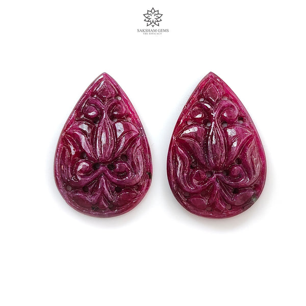 Purple Ruby Gemstone Carving : 31.80cts Natural Untreated Unheated Red Ruby Hand Carved Pear Shape 26*17.5mm Pair