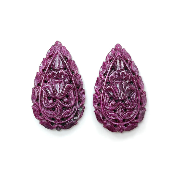 Ruby Gemstone Carving : 61.70cts Natural Untreated Unheated Red Ruby Hand Carved Pear Shape 38*23mm Pair For Jewelry