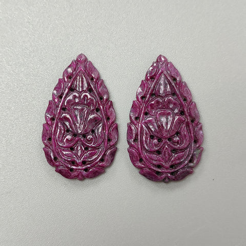 Ruby Gemstone Carving : 61.70cts Natural Untreated Unheated Red Ruby Hand Carved Pear Shape 25mm Pair For Jewelry