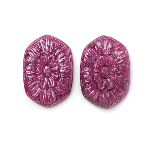 Ruby Gemstone Carving : 74.10cts Natural Untreated Unheated Red Ruby Hand Carved Hexagon Shape 38*23mm Pair For Jewelry