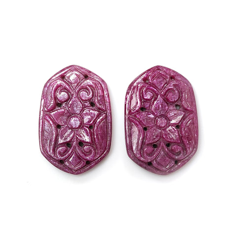 Ruby Gemstone Carving : 74.80cts Natural Untreated Unheated Red Ruby Hand Carved Hexagon Shape 33*23mm Pair For Jewelry
