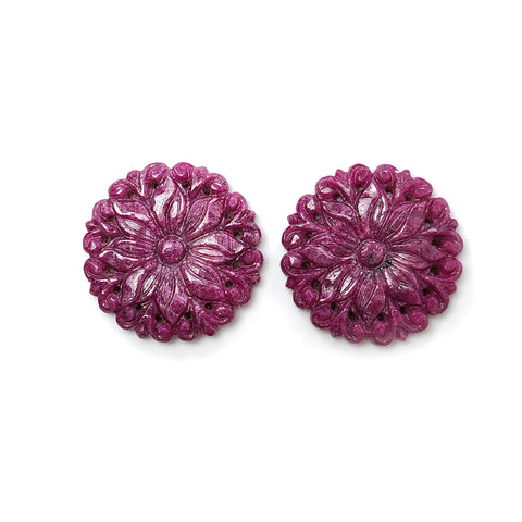 Ruby Gemstone Carving : 75.40cts Natural Untreated Unheated Red Ruby Hand Carved Round Shape 33*22mm Pair For Jewelry