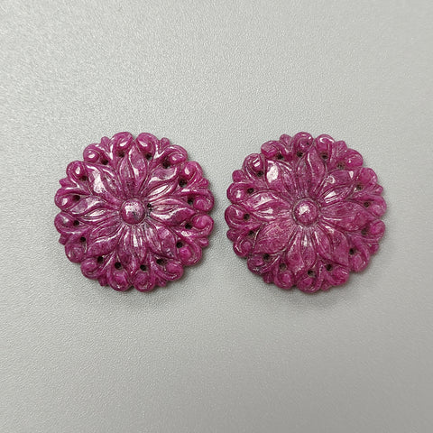 Ruby Gemstone Carving : 75.40cts Natural Untreated Unheated Red Ruby Hand Carved Round Shape 33*22mm Pair For Jewelry