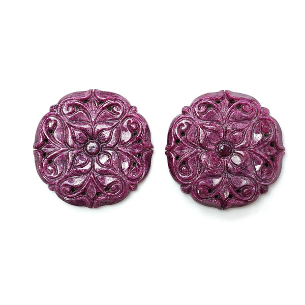 Ruby Gemstone Carving : 125.30cts Natural Untreated Unheated Red Ruby Hand Carved Round Shape 36mm Pair For Jewelry