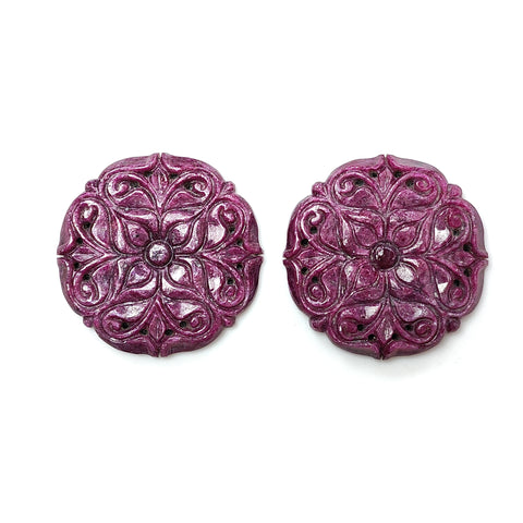 Ruby Gemstone Carving : 125.30cts Natural Untreated Unheated Red Ruby Hand Carved Round Shape 29mm Pair For Jewelry