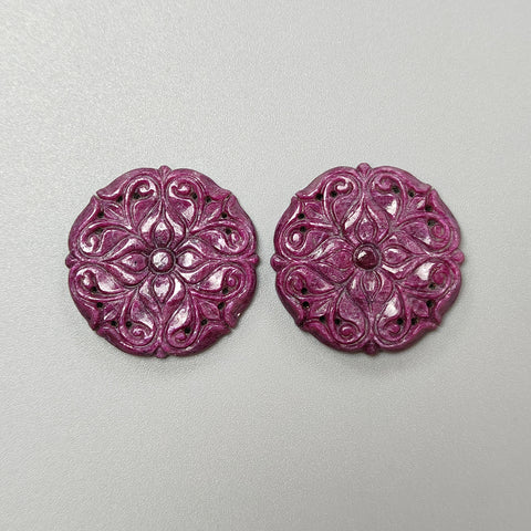 Ruby Gemstone Carving : 125.30cts Natural Untreated Unheated Red Ruby Hand Carved Round Shape 29mm Pair For Jewelry