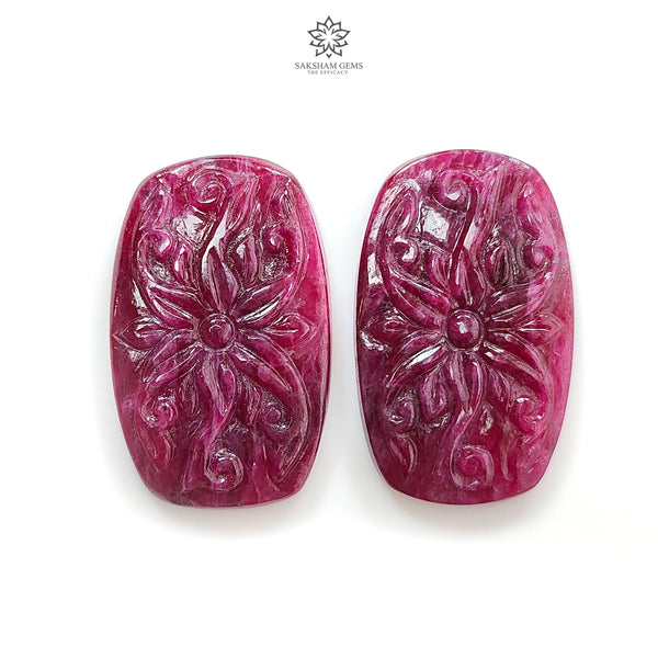 Ruby Gemstone Carving : 72.30cts Natural Untreated Unheated Red Ruby Hand Carved Cushion Shape 33*20mm Pair