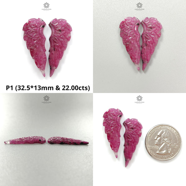 Ruby Gemstone Carving: Natural Untreated Unheated Red Ruby Hand Carved Angel Wings Pair For Jewelry