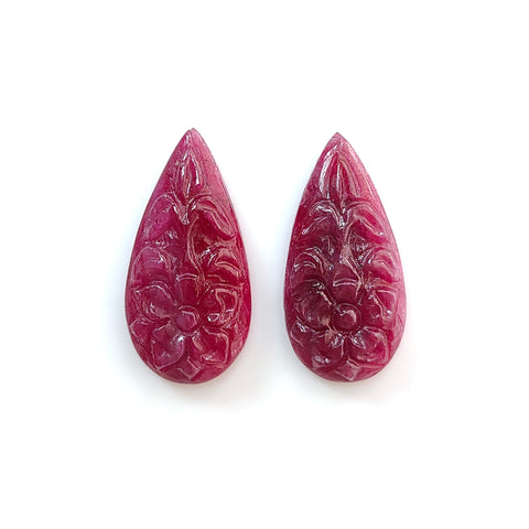 Ruby Gemstone Carving: 22.00cts Natural Untreated Unheated Red Ruby Hand Carved Pear Shape 23*11mm Pair For Earring July Birthstone