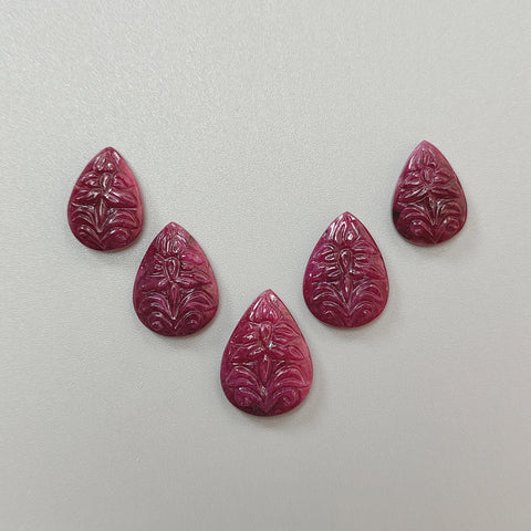 Ruby Gemstone Carving: 75.00cts Natural Untreated Unheated Red Ruby Hand Carved Pear Shape 18.5*13mm - 23*16.5mm 5pcs Set July Birthstone