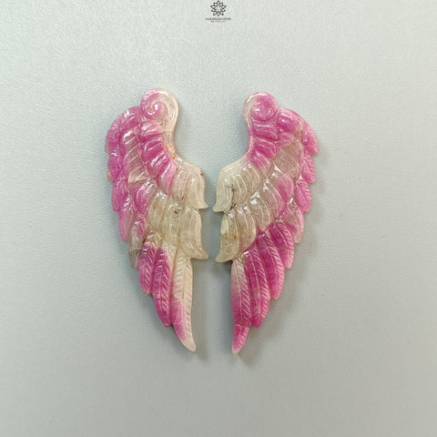 Zoisite Ruby Gemstone Carving: 49.40cts Natural Untreated Pink Ruby Hand Carved Angel Wings 52*19mm Pair for Jewelry July Birthstone