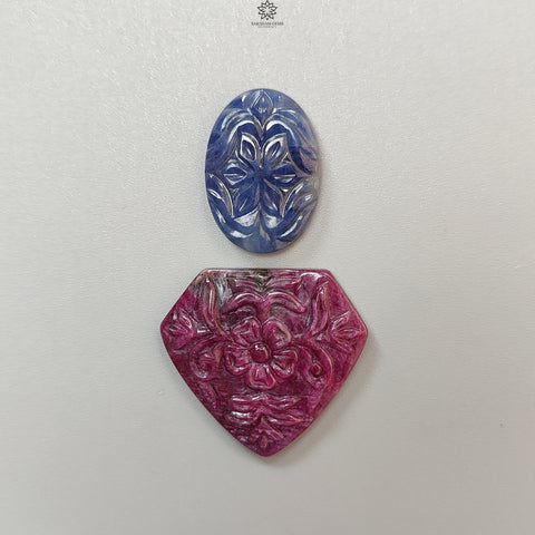 Ruby, Blue Sapphire Gemstone Carving: 70.00cts Natural Untreated Unheated Red Ruby Hand Carved Heart, Oval Shape 25*18mm - 33*30mm 2pcs Set