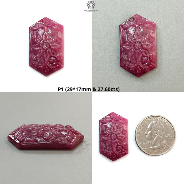 Ruby Gemstone Carving: Natural Untreated Unheated Red Ruby Hand Carved Hexagon, Heart Shape 1pc for Jewelry July Birthstone