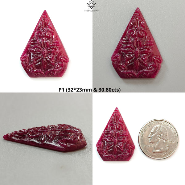 Ruby Gemstone Carving: Natural Untreated Unheated Red Ruby Hand Carved Triangle, Pear Shape 1pc for Jewelry July Birthstone