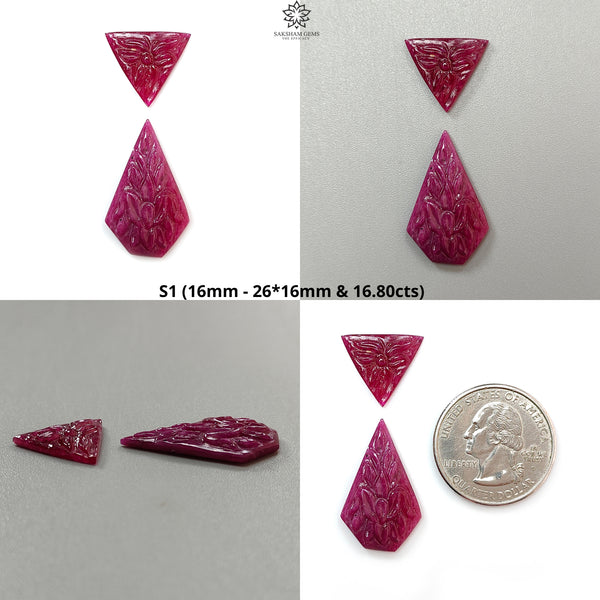 Ruby Gemstone Carving: Natural Untreated Unheated Red Ruby Hand Carved Fancy Shape 2pcs Set for Jewelry July Birthstone