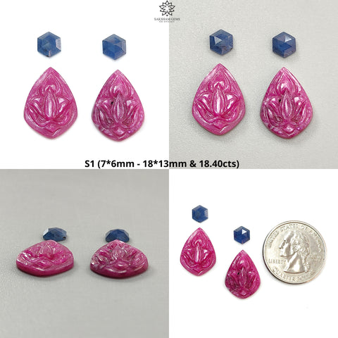 Ruby Gemstone Carving: Natural Untreated Red Ruby, Blue Sapphire Hand Carved & Faceted Fancy Shape 4pcs Set for Jewelry July Birthstone