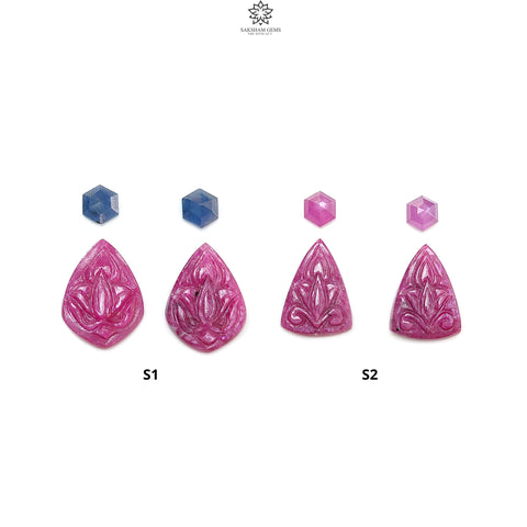 Ruby Gemstone Carving: Natural Untreated Red Ruby, Blue Sapphire Hand Carved & Faceted Fancy Shape 4pcs Set for Jewelry July Birthstone