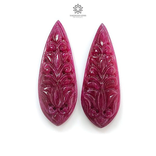 Ruby Gemstone Carving : 64.70cts Natural Untreated Unheated Red Ruby Hand Carved Pear Shape 44*16mm Pair