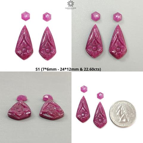 Ruby Gemstone Carving: Natural Untreated Red Ruby, Blue Sapphire Hand Carved & Faceted Pear Shape 4pcs Set for Jewelry July Birthstone