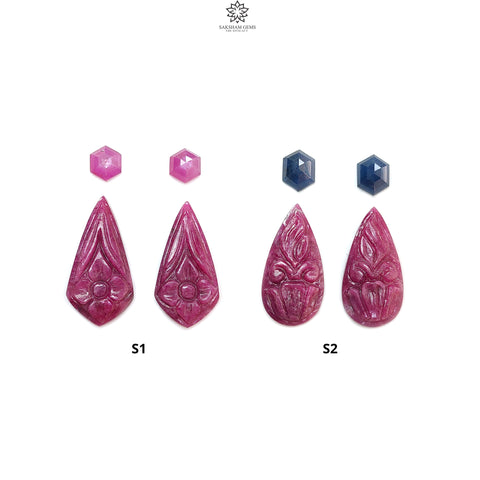 Ruby Gemstone Carving: Natural Untreated Red Ruby, Blue Sapphire Hand Carved & Faceted Pear Shape 4pcs Set for Jewelry July Birthstone