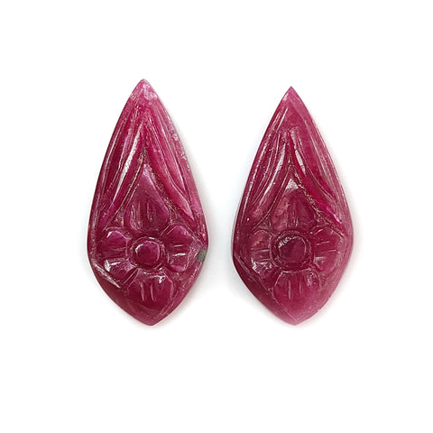 Ruby Gemstone Carving : 21.90cts Natural Untreated Unheated Red Ruby Hand Carved Pear Shape 24*12.5mm - 25*12mm 2pcs