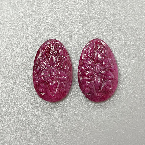 Ruby Gemstone Carving : 22.60cts Natural Untreated Unheated Red Ruby Hand Carved Egg Shape 20*13mm Pair